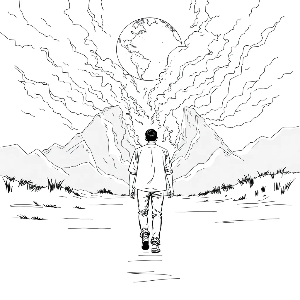 a man is walking calmly when the world is ending