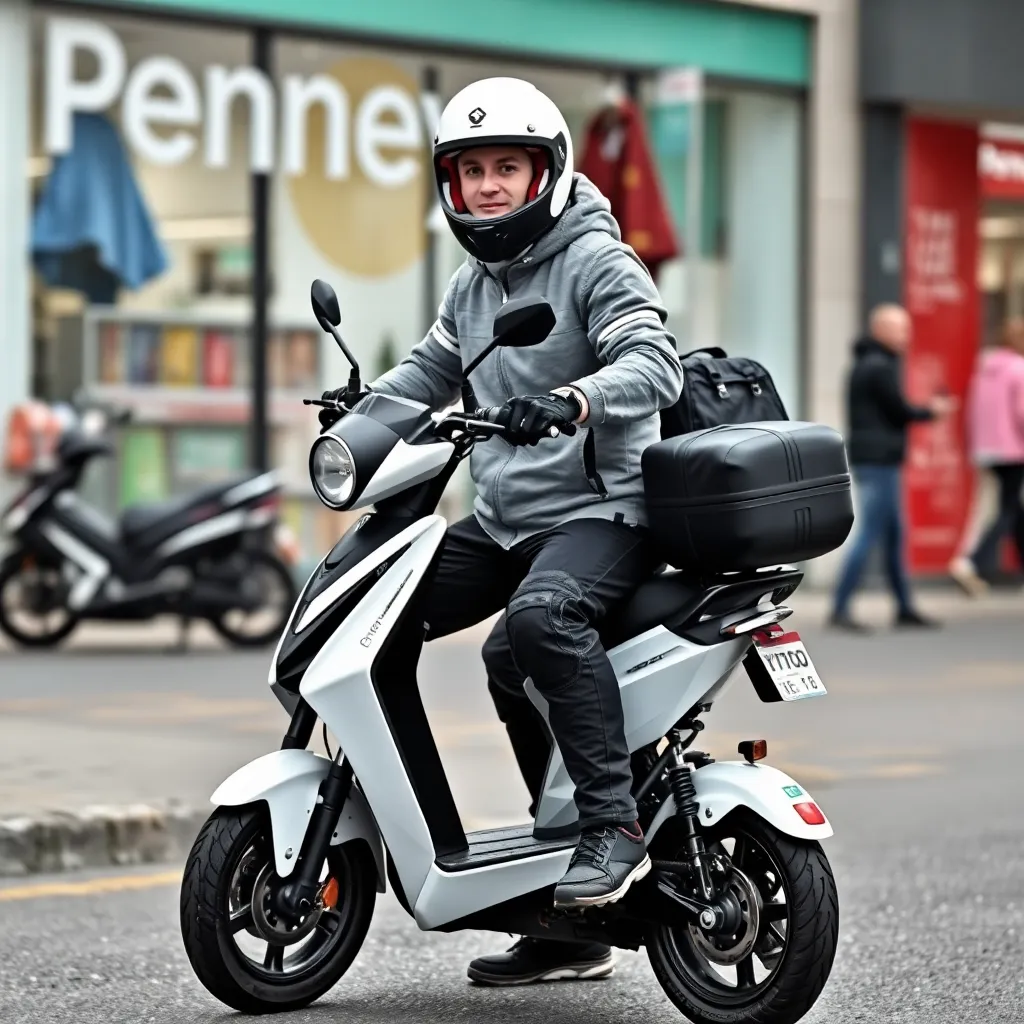 23 year old Penneys oconnell street worker eoin brehony from Portrane who brings his e-scooter  to work every day from Portrane he leaves it outside at the loading pay with stockroom manager fins permission and store manager piers Cunninghams permission all his coworkers male and female young and old love him coming in to work with his e-scooter his white motorbike helmet his grey jacket motorbike gloves and protective trousers over his jeans make this meme about his female coworkers who adore his outfit and scooter and thinks he is sexy with his outfit