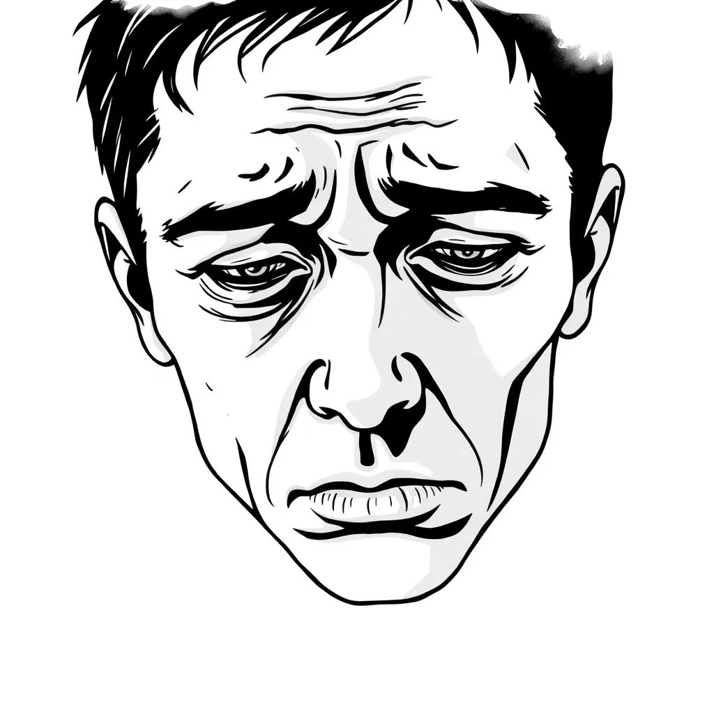 Wojak face showing exhaustion and despair, black and white minimalist style, emotional, representing a kidnapping victim held captive for years