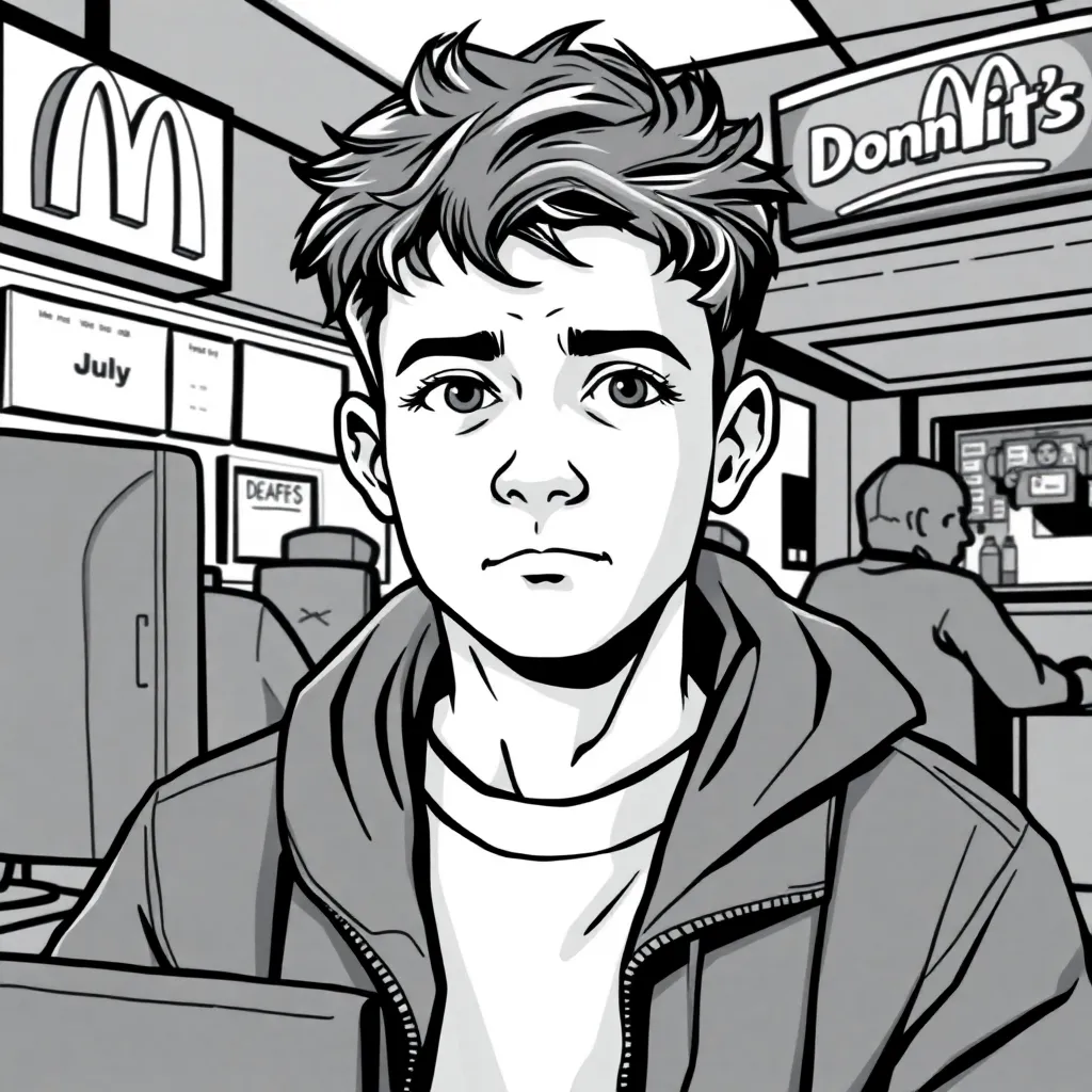 Generate a looser who never had a girlfriend got bullied at school and all he does is crypto and computer games. He works at mc Donald's