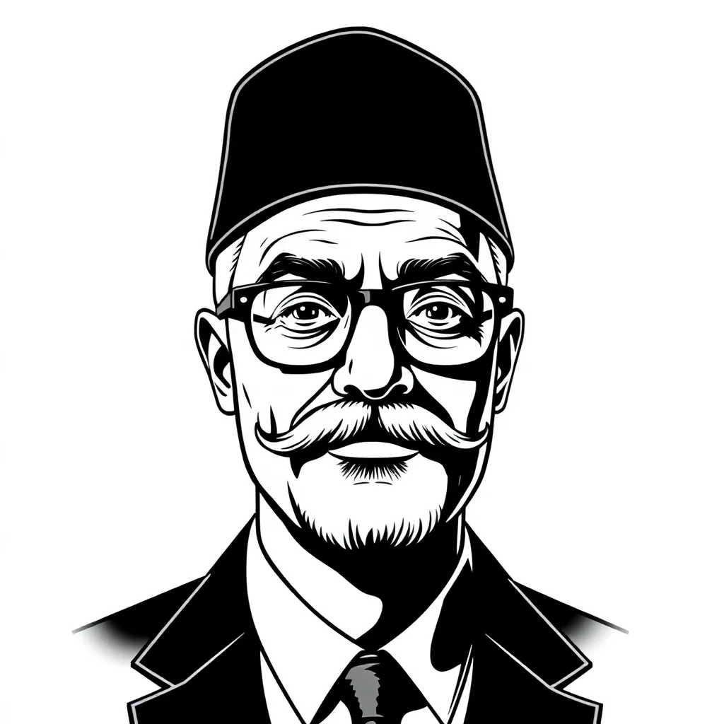 A man with a fez, glasses and a mustache