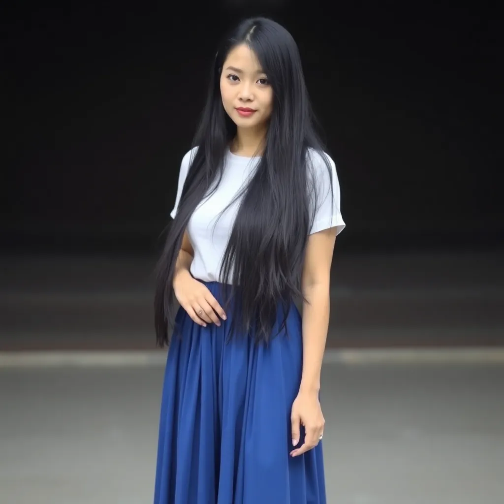 A woman with long black hair wearing a blue skirt