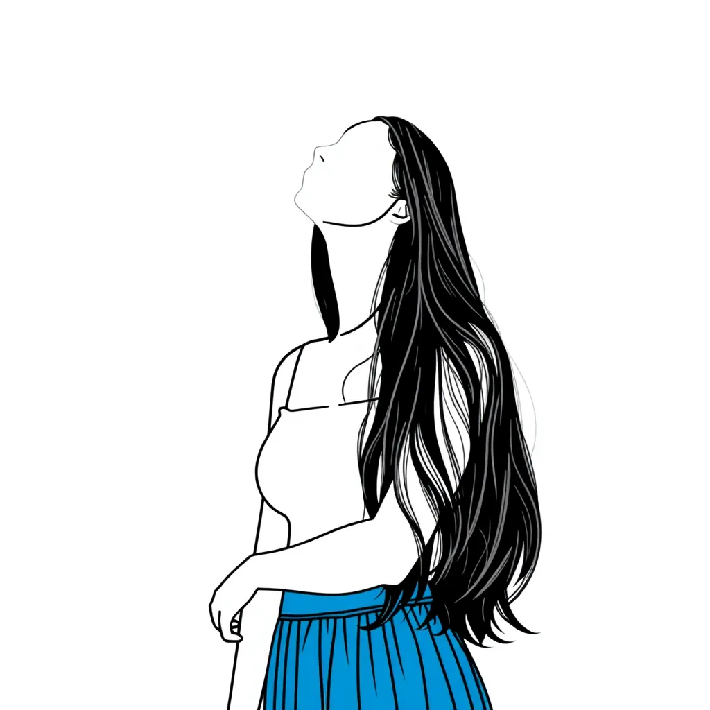 A woman with long black hair wearing a blue skirt in wojak style