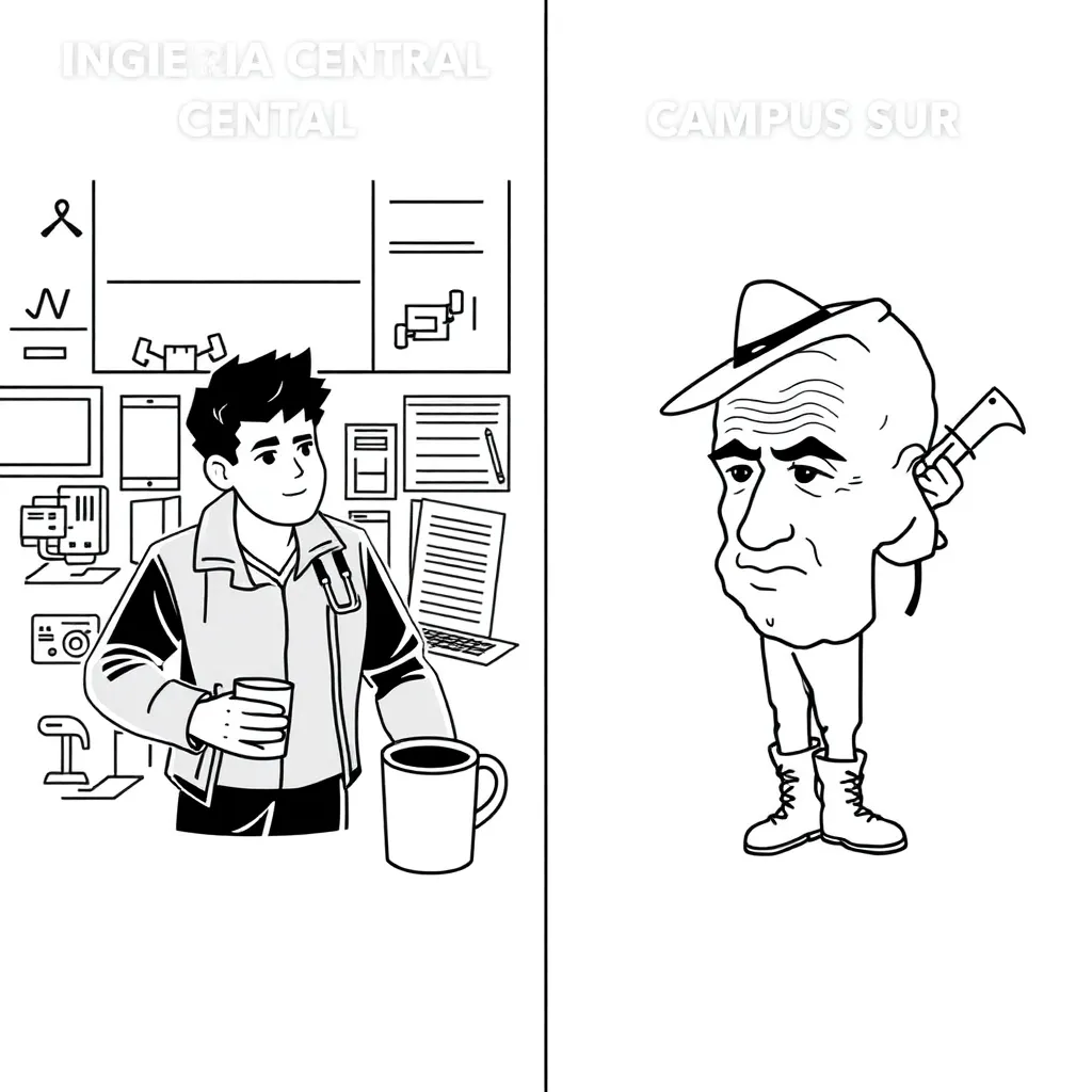 wojak meme : Un meme de Wojak mostrando la vida en el Campus Central vs. el Campus Sur de la UAA: En la izquierda, un estudiante de Ingeniería Electrónica en el Campus Central con ojeras y una taza de café, rodeado de computadoras y proyectos de robótica. En la derecha, un estudiante de Ingeniería Agroindustrial en el Campus Sur con botas y sombrero, sosteniendo un machete y rodeado de plantas y animales. Ambos con expresiones contrastantes: estrés en el Campus Central y tranquilidad en el Campus Sur.