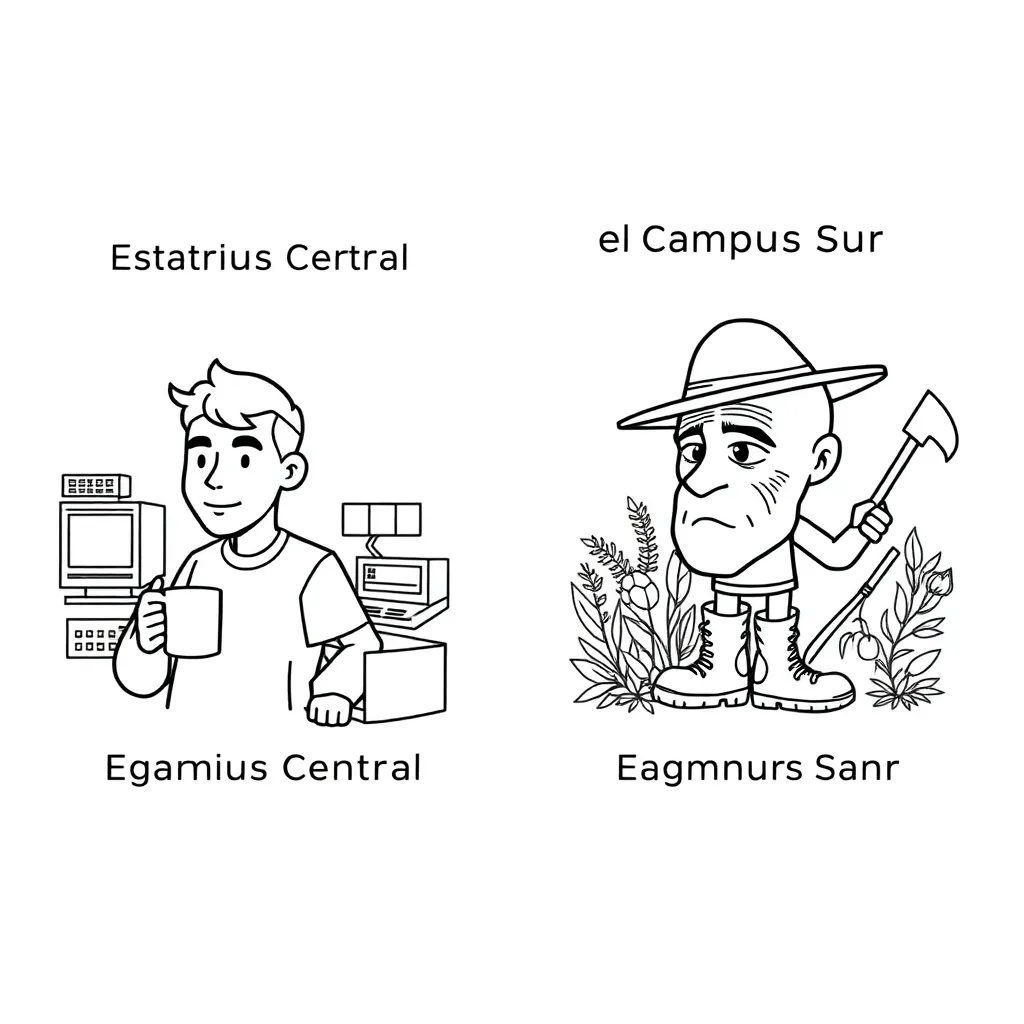 wojak meme : Un meme de Wojak mostrando la vida en el Campus Central vs. el Campus Sur de la UAA: En la izquierda, un estudiante de Ingeniería Mecatrónica en el Campus Central con ojeras y una taza de café, rodeado de computadoras y proyectos de robótica. En la derecha, un estudiante de Ingeniería Agroindustrial en el Campus Sur con botas y sombrero, sosteniendo un machete y rodeado de plantas y animales. Ambos con expresiones contrastantes: estrés en el Campus Central y tranquilidad en el Campus Sur.