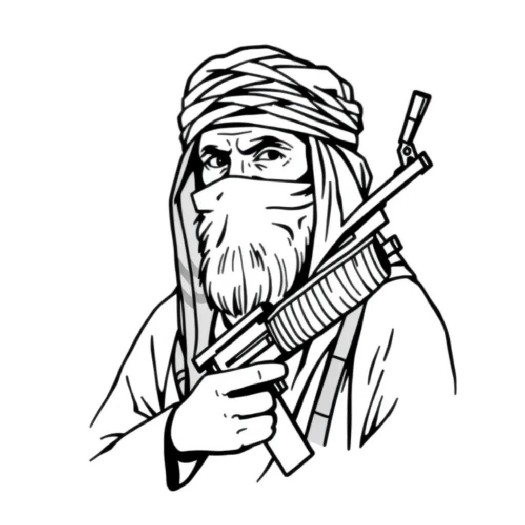 Wojak tribal chief, wearing keffiyeh, holding gun, white backgroujd, simple meme style, black and white wojak art"