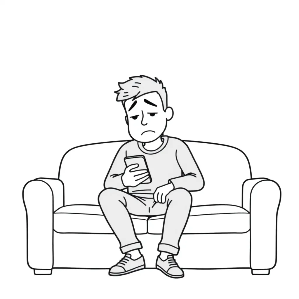 "Wojak-style cartoon of a sad man sitting on a couch, looking at his phone, reading a breakup message, emotional expression, white background, 16:9 aspect ratio, minimalist meme style"