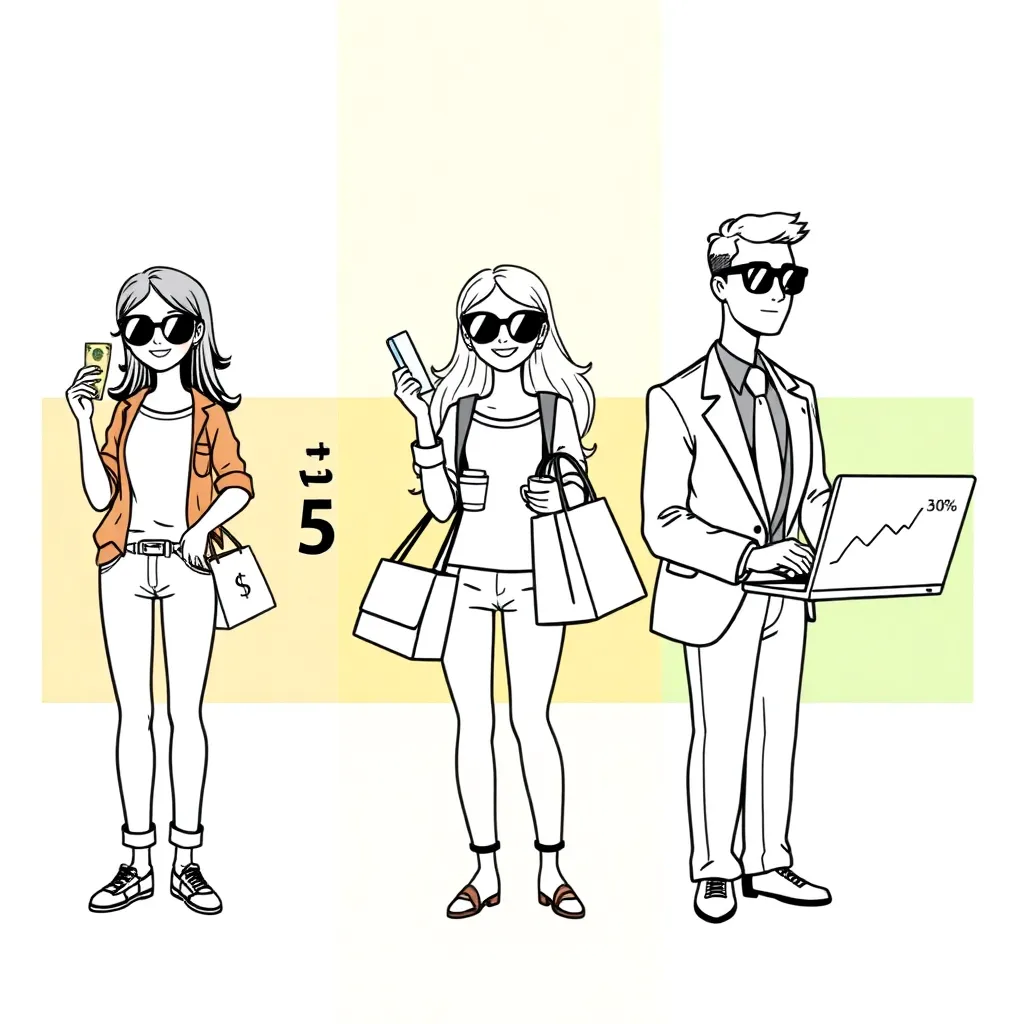 On the left: The character is wearing casual clothes, holding bills and food bags, and wearing sunglasses. Next to her is the number 60%. In the middle: The character is smiling, shopping, holding shopping bags and coffee cups, and wearing sunglasses. Next to her is the number 30%. On the right: The character is wearing a smart suit and sunglasses, and using a laptop with a financial graph on it. Next to her is the number 10%. The background is divided into three horizontal or colored areas (grey, yellow, and green).