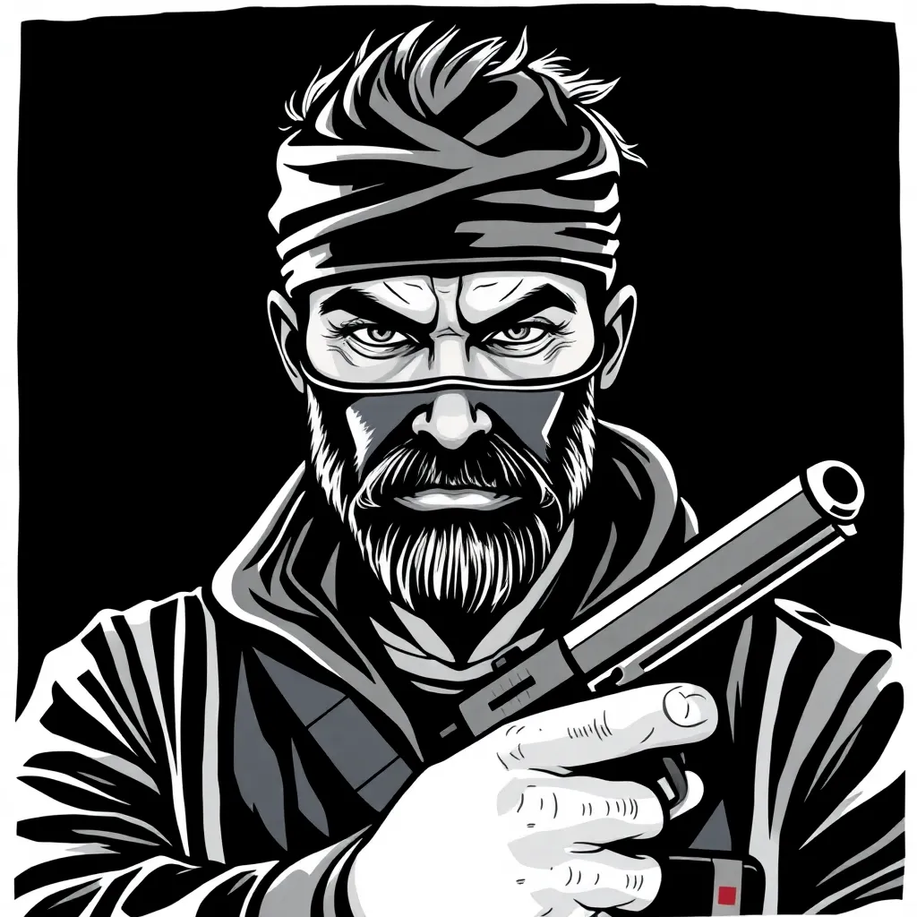 Hombre latino que es pandillero que tenga cara sadica y una pistola 9mm