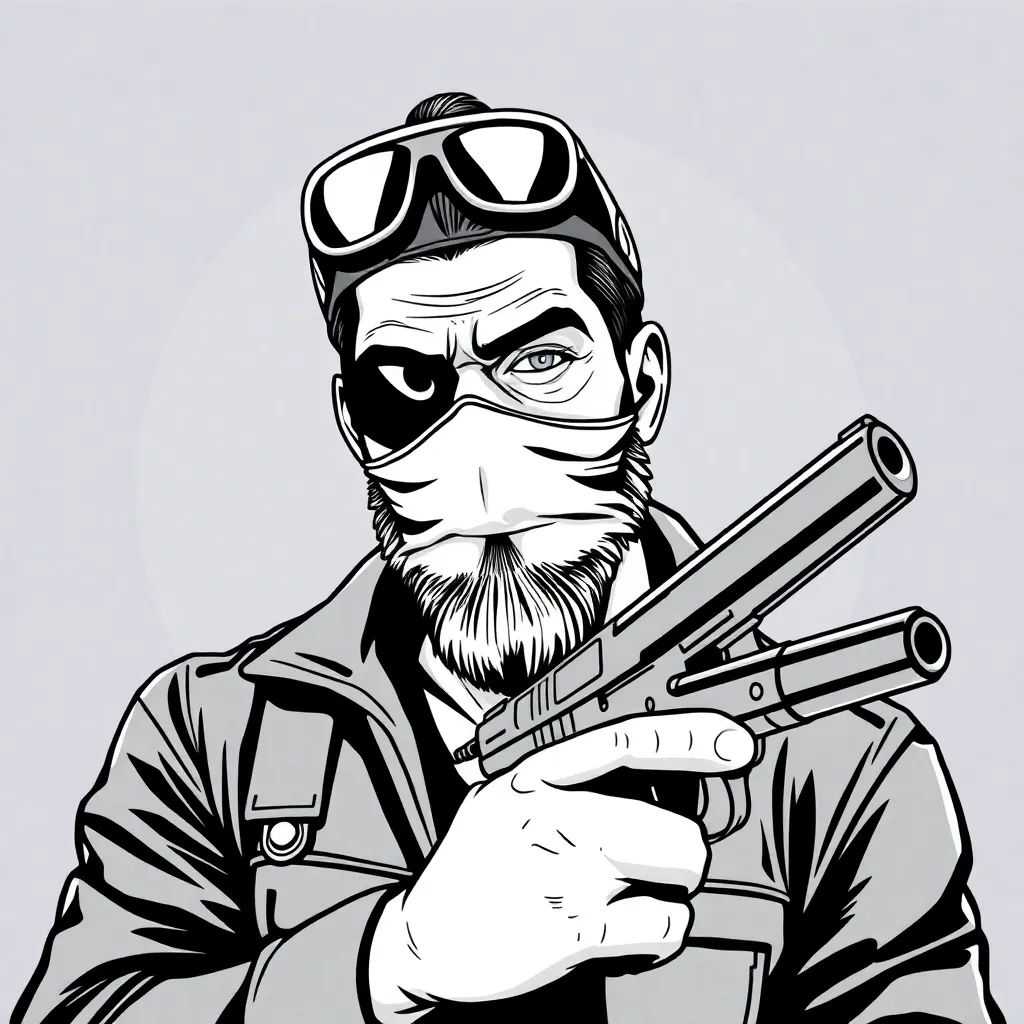 Hombre latino que es pandillero,moreno  que tengaa cara sadica y una pistola 9mm, al estilo de los memes wojak que sea básico el dibujo y que te