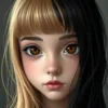 wojak meme : the girl at the base of the dumer girl,hair color – black-blonde split(blonde on the right, black on the left) brown large eyes,piercing “snakebite” SLIGHTLY swarthy skin,but almost light,long hair,sparse light bangs