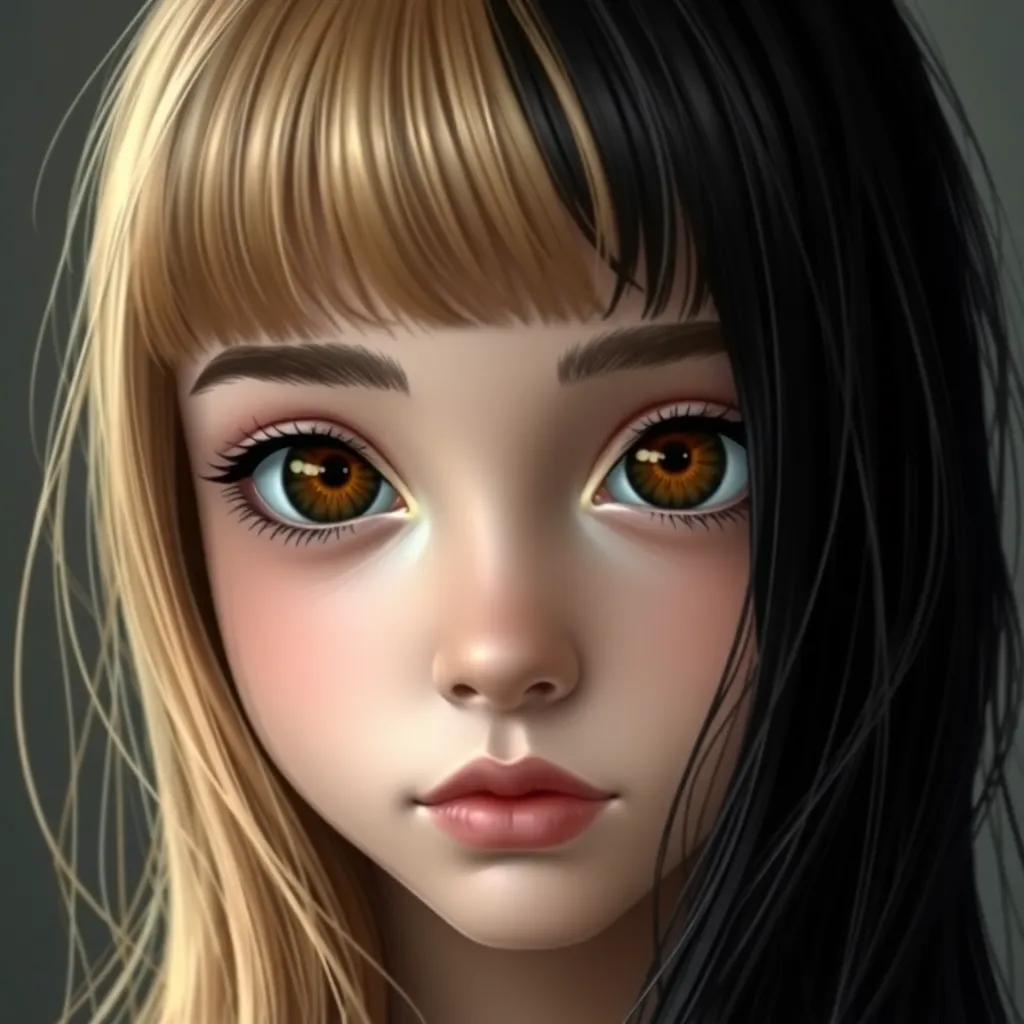 the girl at the base of the dumer girl,hair color - black-blonde split(blonde on the right, black on the left) brown large eyes,piercing "snakebite" SLIGHTLY swarthy skin,but almost light,long hair,sparse light bangs