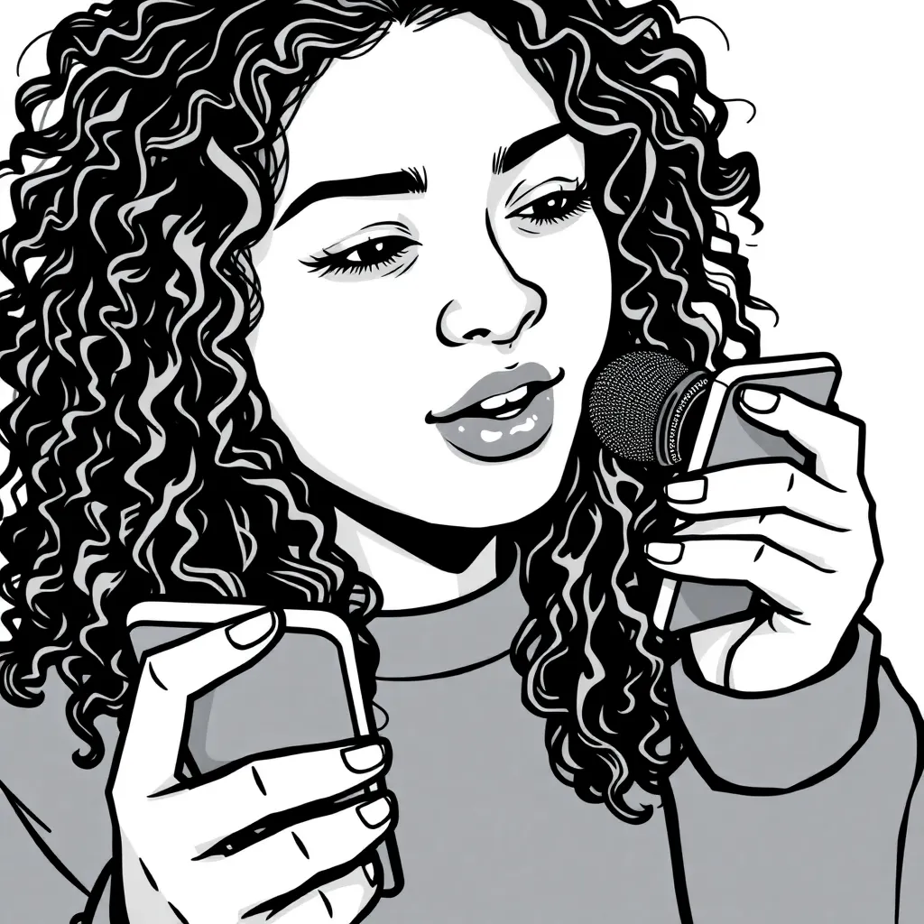 A teenager with black fur, long curly hair, who is apparently talking with a cell phone in her hand as if it were a microphone.