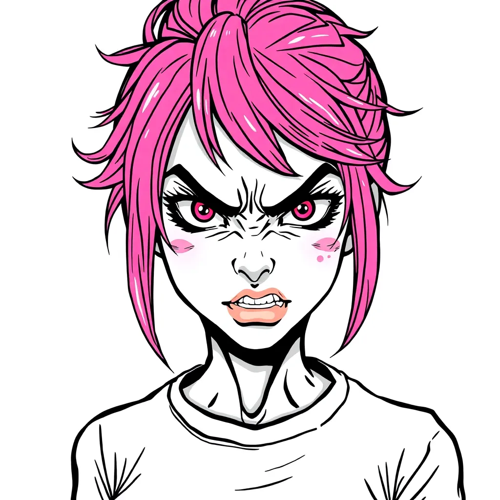 angry wojak girl with pink hair