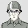 wojak meme : Wojak character wearing a neutral early-20th-century European military uniform, muted green-grey colors, steel helmet and glasses inspired by WW1 German design but without any symbols or insignia. Serious expression, slight shading, clean line art, classic Wojak style. Background simple and flat. High-resolution illustration