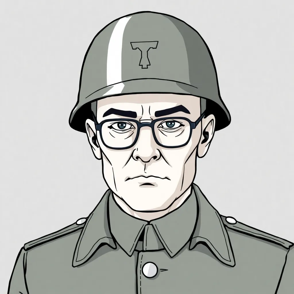 Wojak character wearing a neutral early-20th-century European military uniform, muted green-grey colors, steel helmet and glasses inspired by WW1 German design but without any symbols or insignia. Serious expression, slight shading, clean line art, classic Wojak style. Background simple and flat. High-resolution illustration