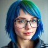 wojak meme : a young woman with pale skin, glasses, and coloured hair(main part is blue, on the front lime green (short length wolfcut)