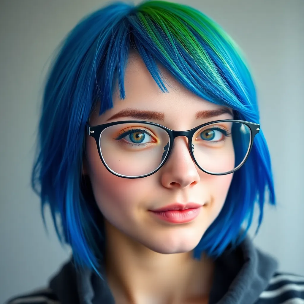 a young woman with pale skin, glasses, and coloured hair(main part is blue, on the front lime green (short length wolfcut)