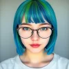 wojak meme : a young woman with pale skin, oval faceshape, oval glasses, and coloured hair(main part is blue, on the front lime green (mid length wolfcut with bangs)