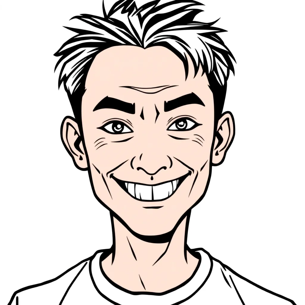 Wojak meme style, simple line art, minimalist, front view portrait of a young Chinese man. Very thin face, sparse messy hair (slightly receding hairline optional), prominent cheekbones. Small, mischievous eyes with a sly, knowing glint and raised eyebrows. A distinctive, slightly crooked grin showing small, sharp canine teeth ("tiger teeth"). Wearing a simple, slightly baggy t-shirt or open-collar shirt. Expression: cunning, mischievous, confident, slightly smug. Thick black outlines, flat colors, white background.