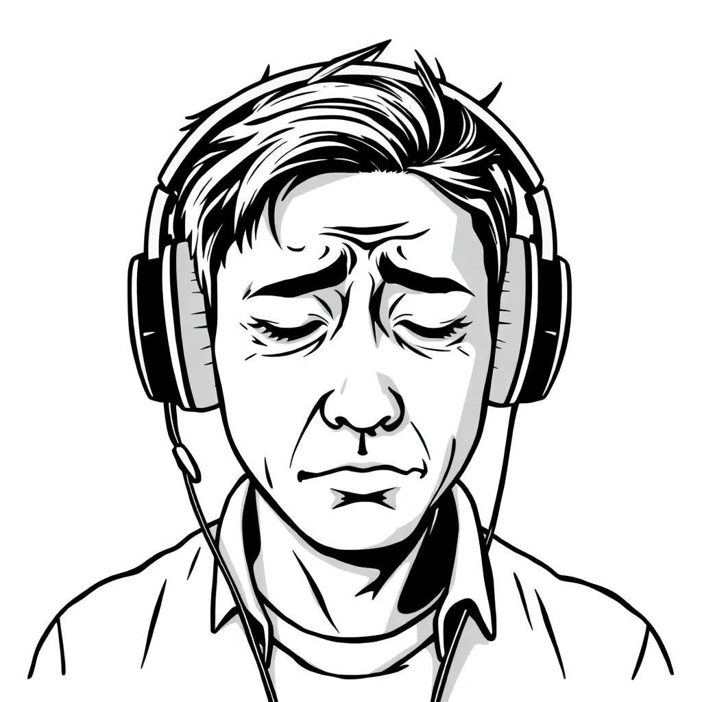 A sad disappointment man with headphone PNG
