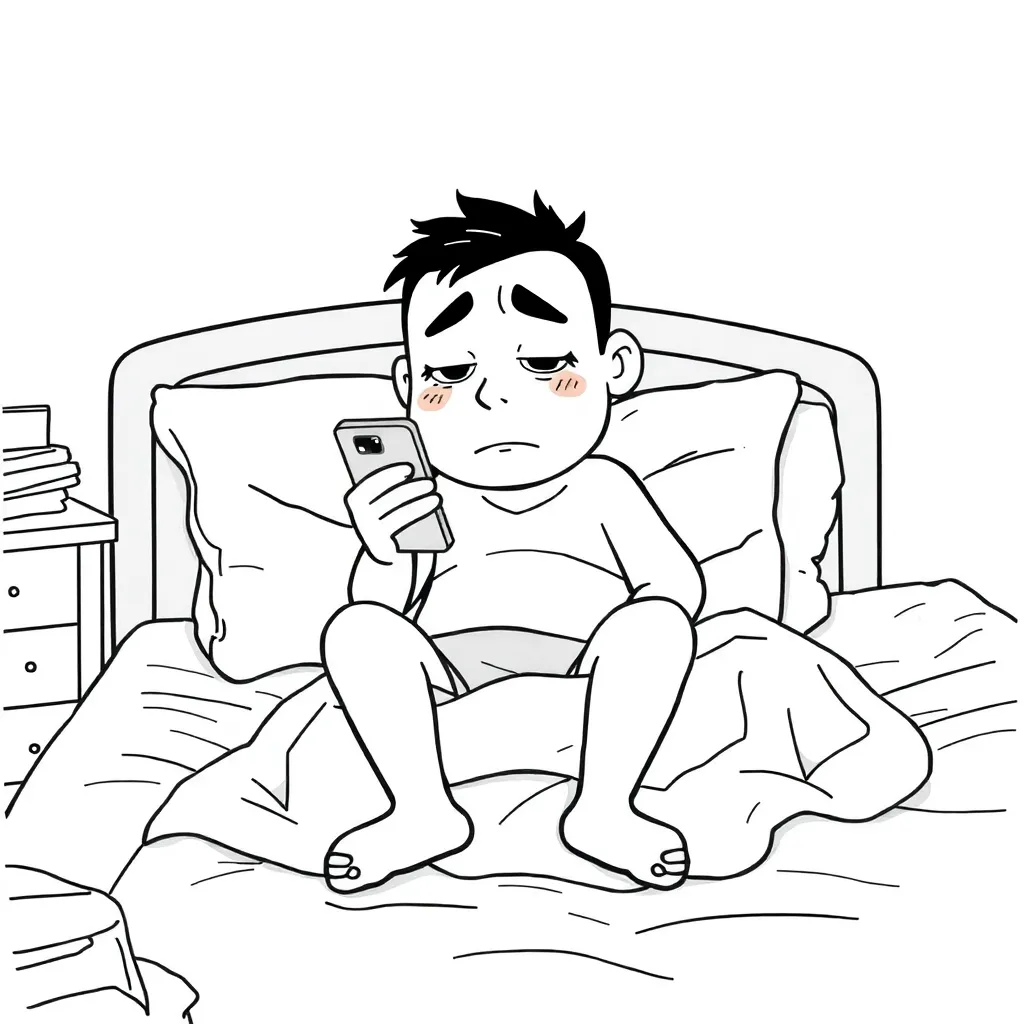 “classic wojak doomer character, sitting on bed holding a phone, face lit by screen glow, messy blanket, dark circles under eyes, room still messy, flat colors, clean outlines, slight grain, no text, no speech bubbles, no realism”