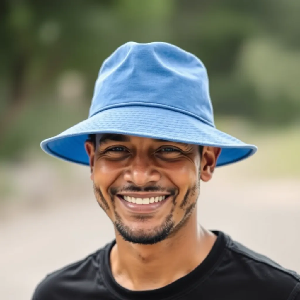 a smiling man wearing blue hat
