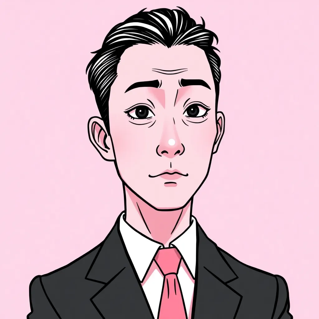 wojak with a suit and pink skin and a asian eyes