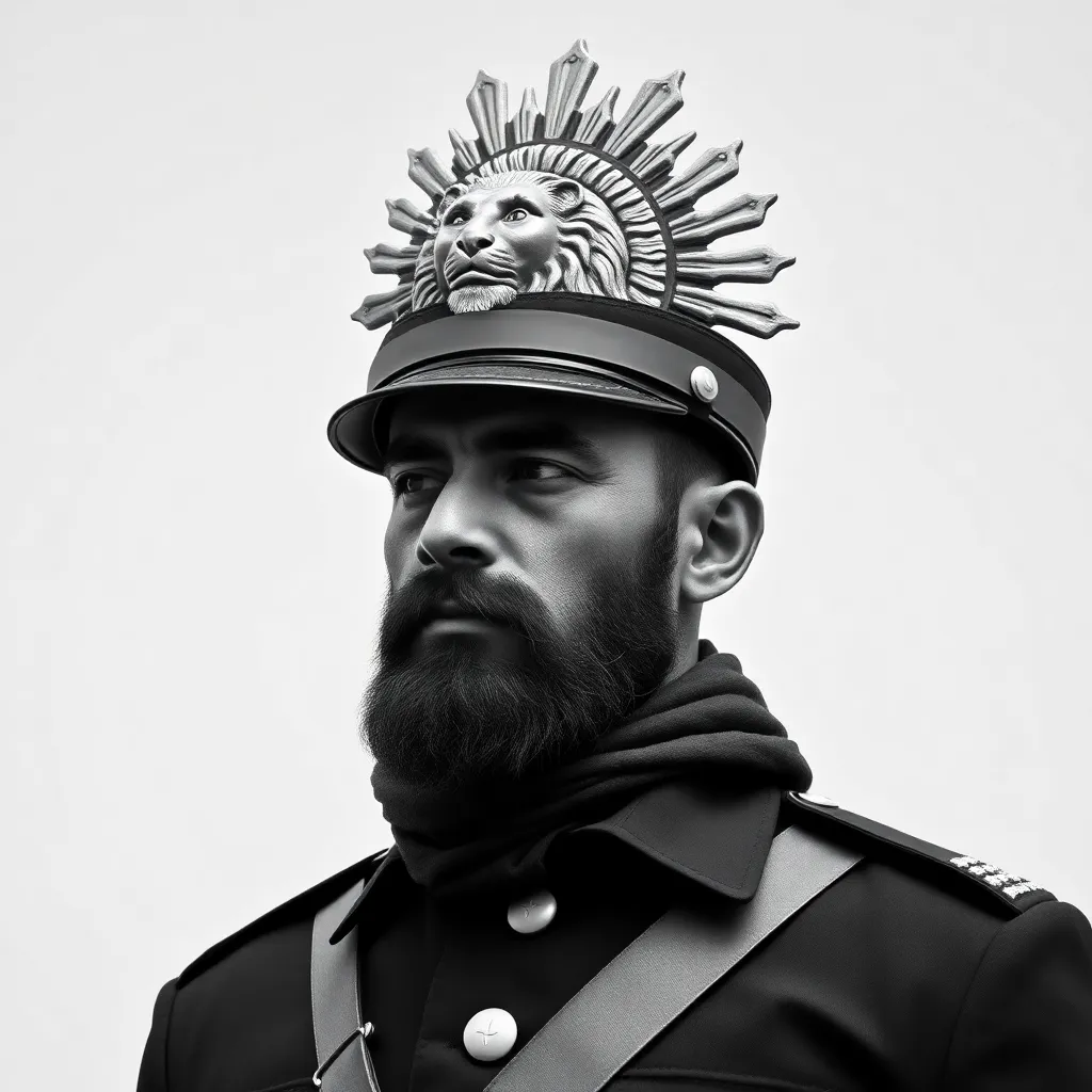 A wojak in black uniform and a lion and sun hat of the Imperial Iranian Army