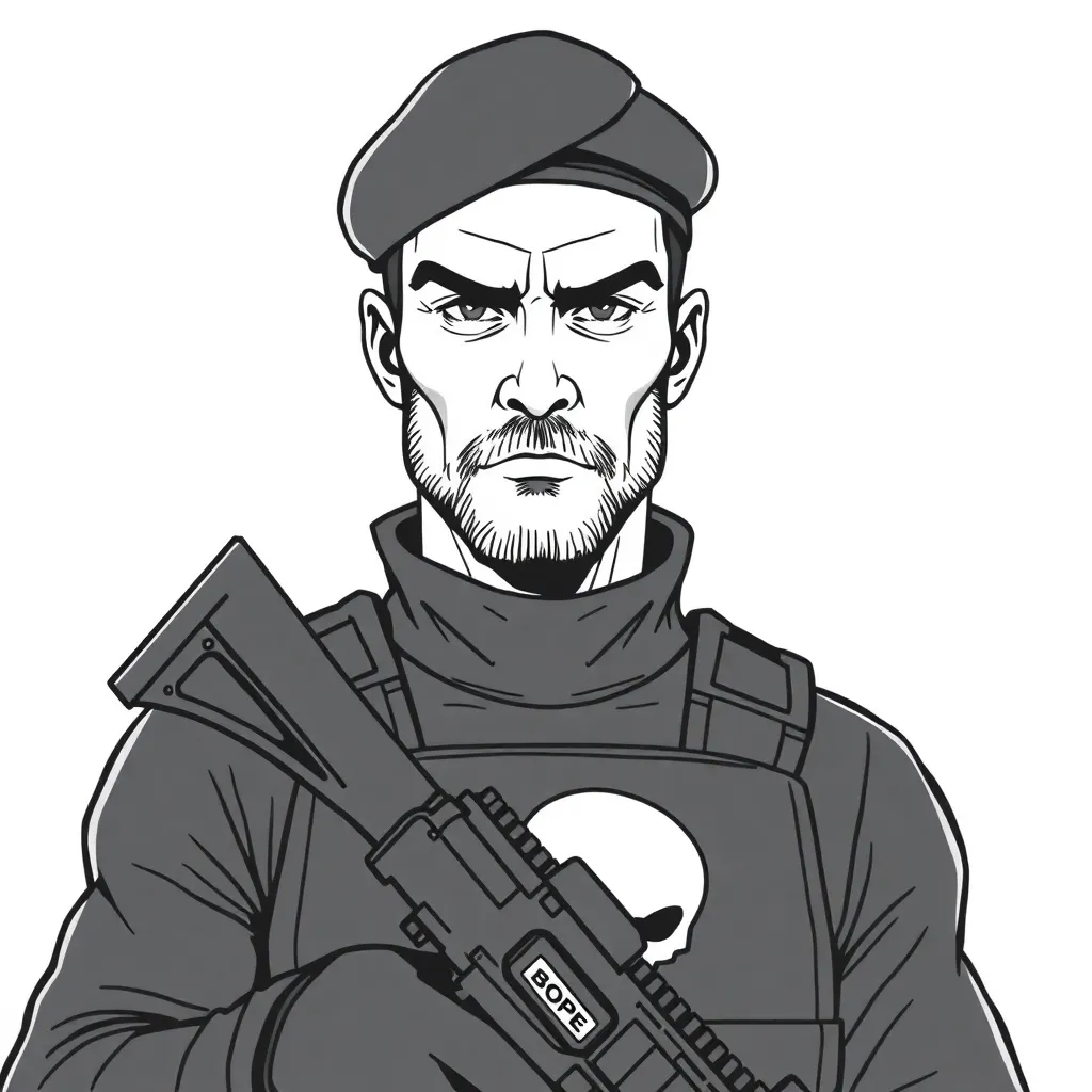 wojak meme : “Create a wojak-style character dressed as a Brazilian BOPE operator. Strong masculine facial features, stern ‘alpha male’ expression with confidence and intensity, no cuteness. Black beret, fully black tactical uniform, bulletproof vest with the BOPE skull insignia. Defined jawline, sharp eyes, dominant posture. Holding a rifle in a controlled, professional stance. High-definition, clean background, classic wojak face style but more detailed and masculine.”