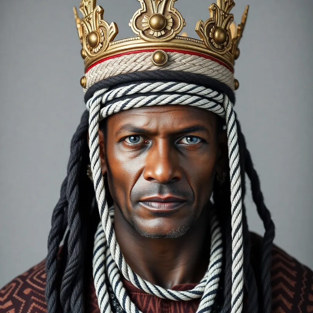 A light skinned king wearing a traditional crown and ropes