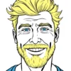 wojak meme : A man with blonde hair blue he’s and a blonde beard facing a normal Wojack smiling