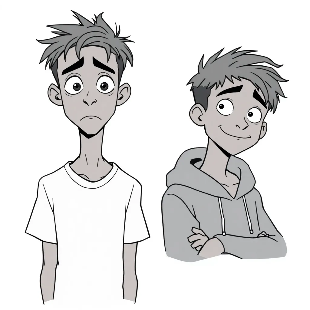 "Create a personalized Wojak meme template. The first character is a skinny Indian teenage boy with expressive eyes, messy hair, wearing a basic T-shirt, looking anxious and overthinking. The second character is the same boy but confident, emotionally aware, with a soft smirk, casual hoodie, and relaxed body language. Use soft, muted colors for a serious but relatable vibe. Background should be minimal, focus on facial expressions and contrast. Format it like a comic with 2–3 panels showing emotional growt