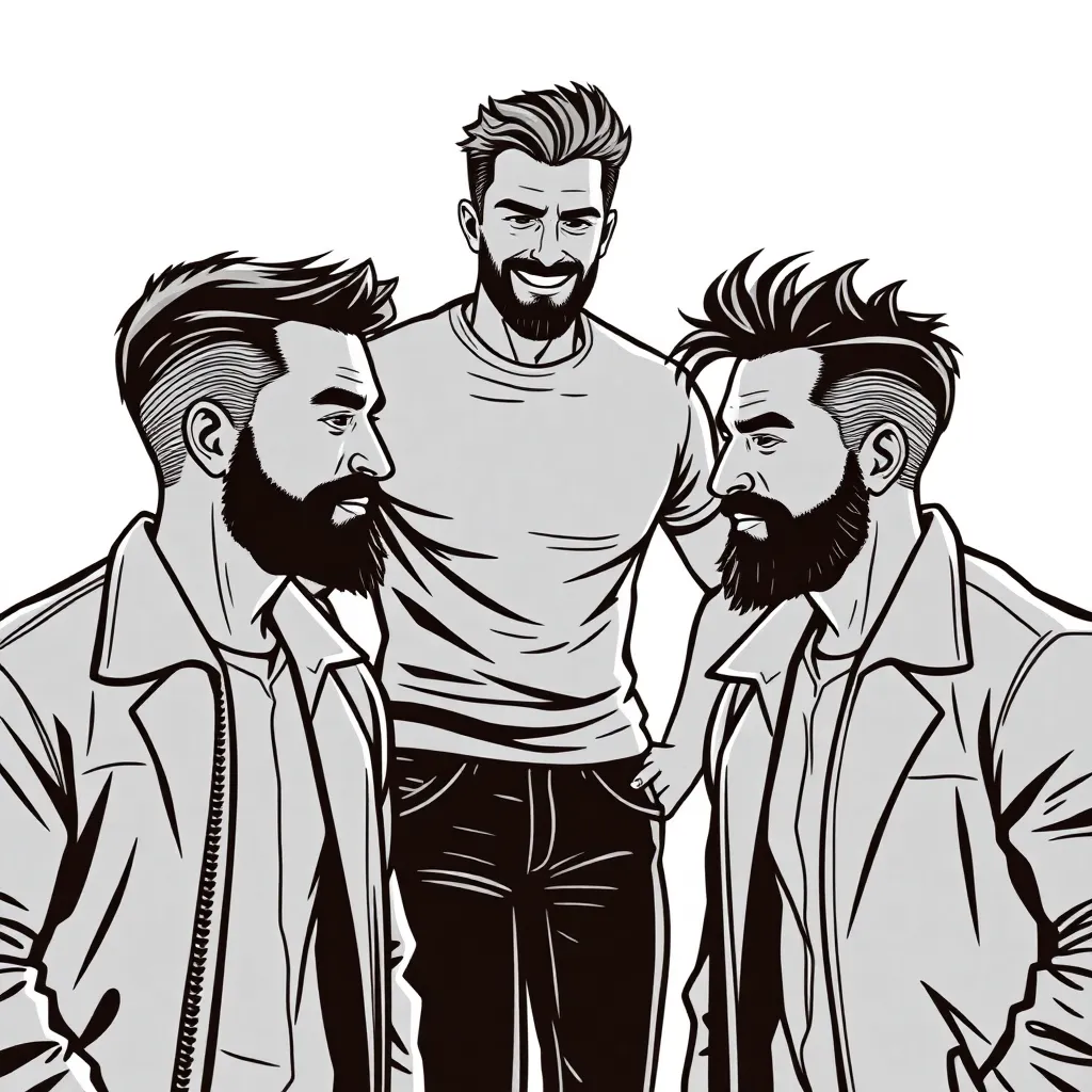 Make a masculine looking guy like a gigachad in the midle who is smiling and walking but also talking with 2 other high value status masculine guys