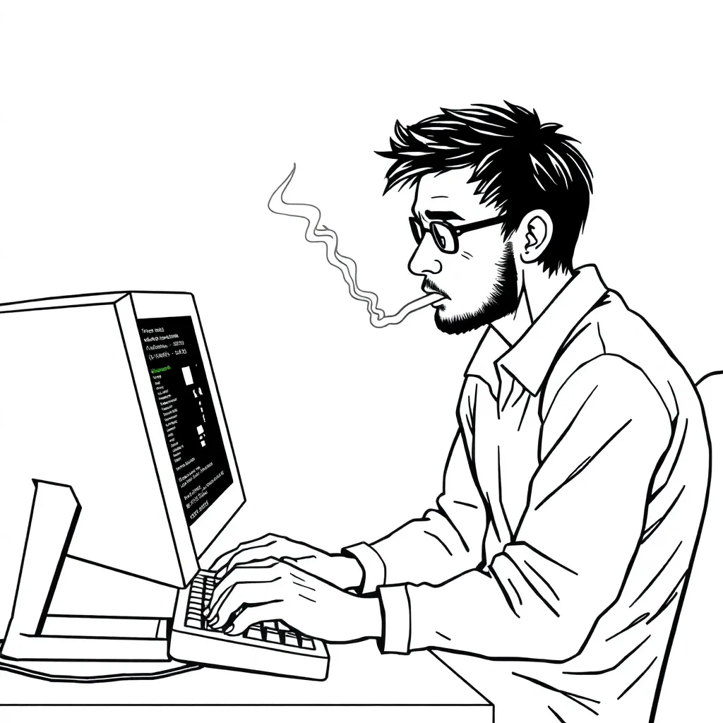 A tired programmer using his pc and smoking