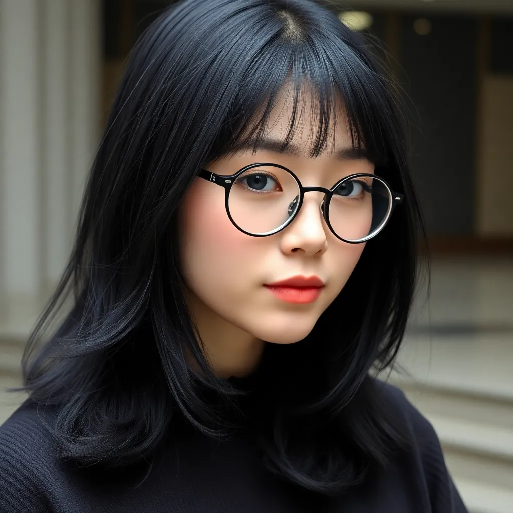 wojack woman of 20 years old, with black blues hair with lateral bangs and small rounded glasses bordeaux, she study philosophy, shes coquette and love old men